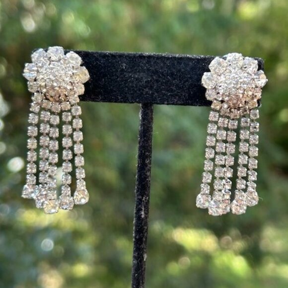 ALBERT WEISS Clear Rhinestone Dangling Black Tie Wedding EARRINGS - Picture 2 of 10